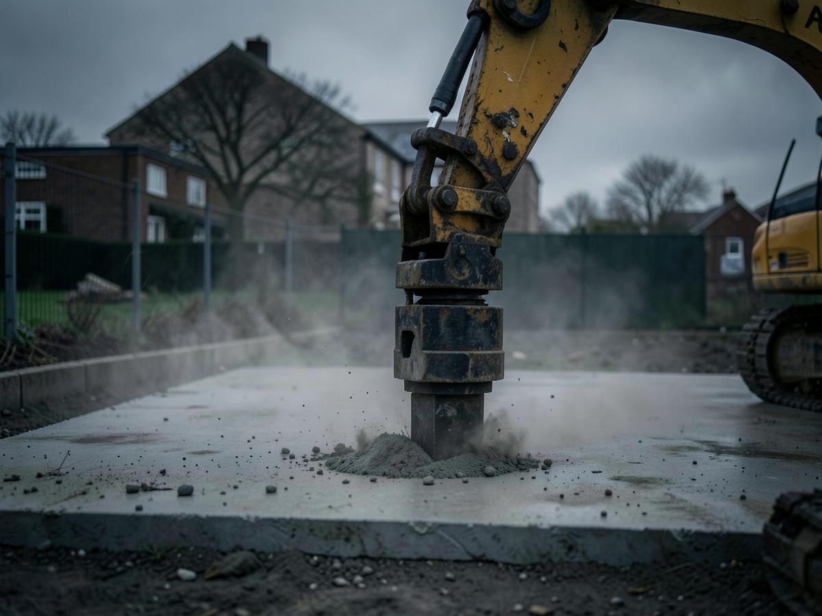 Hydraulic breaker attachment on an excavator arm breaking a concrete slab