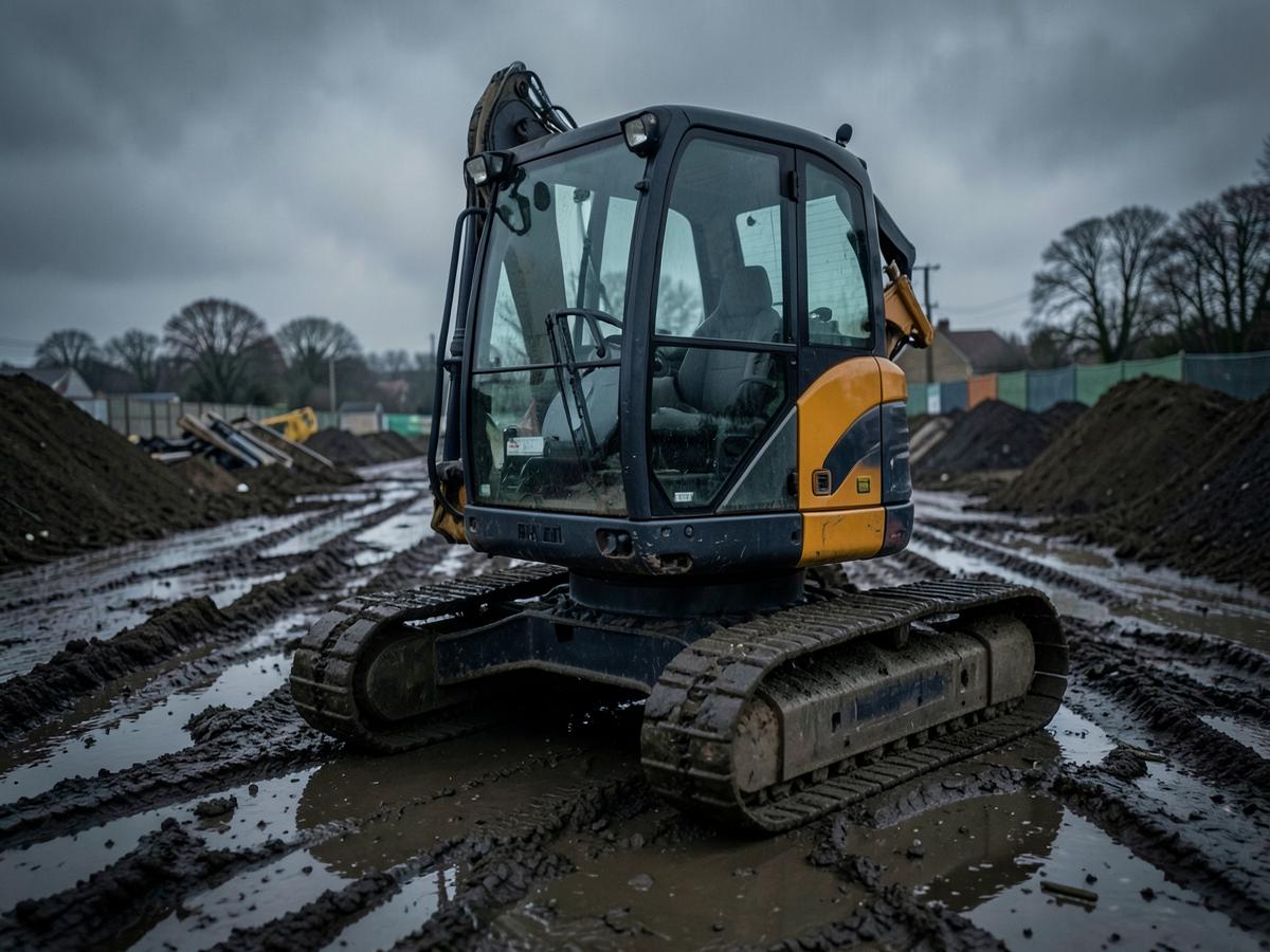 Compact tracked mini excavator standing on a muddy construction site
