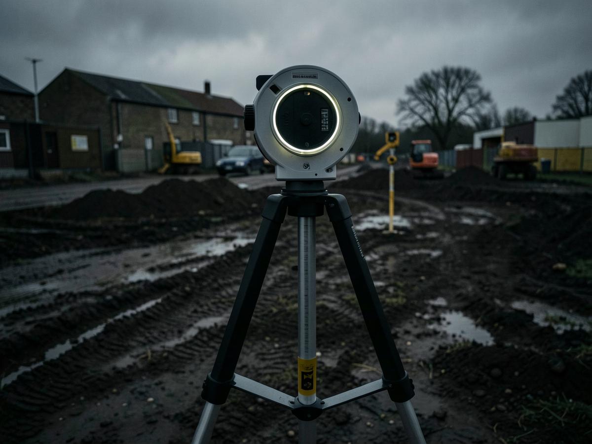Rotating laser level mounted on a tripod on a groundworks site