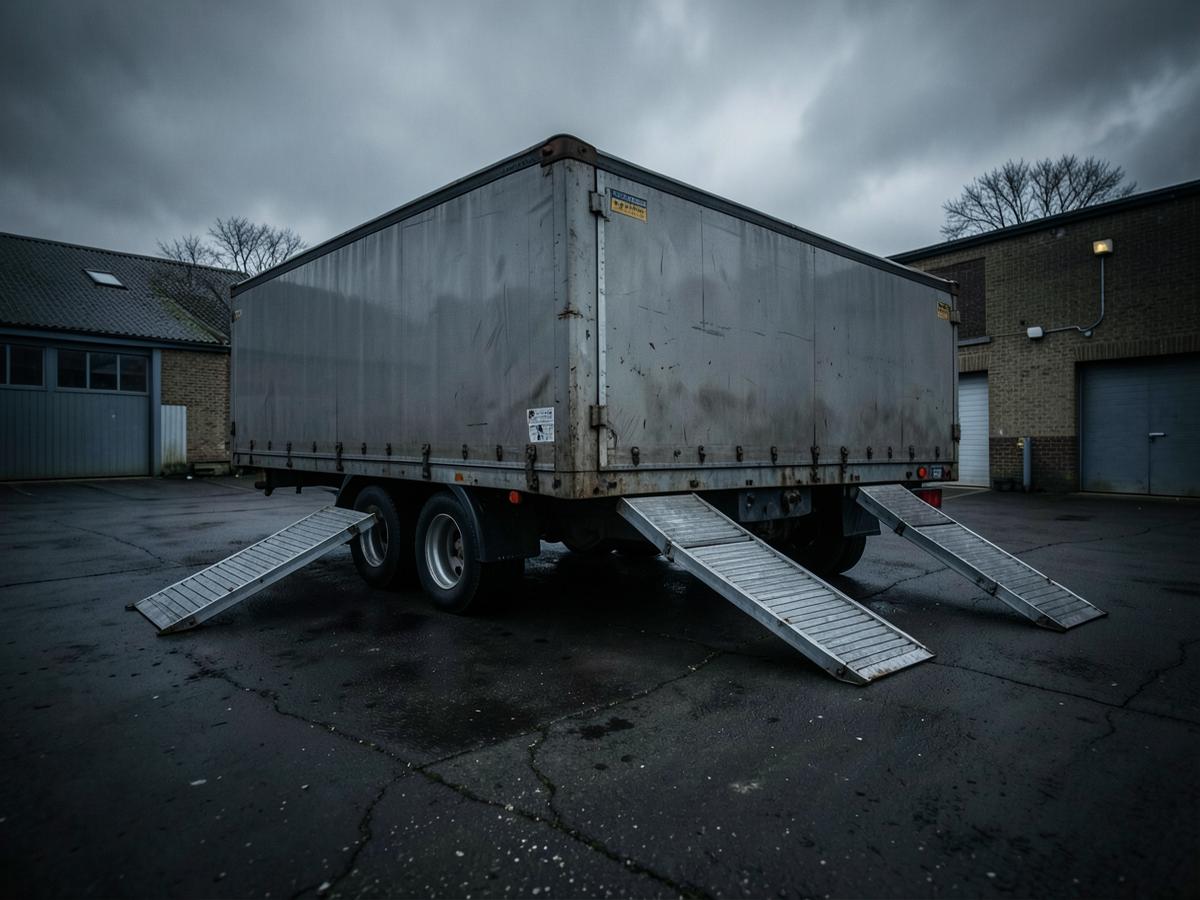 Twin-axle plant trailer with loading ramps in a contractor yard