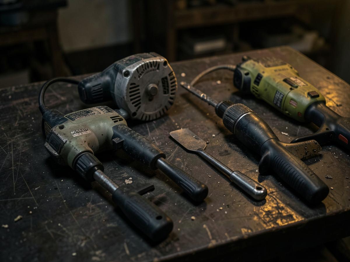 Professional construction power tools laid out on a workbench