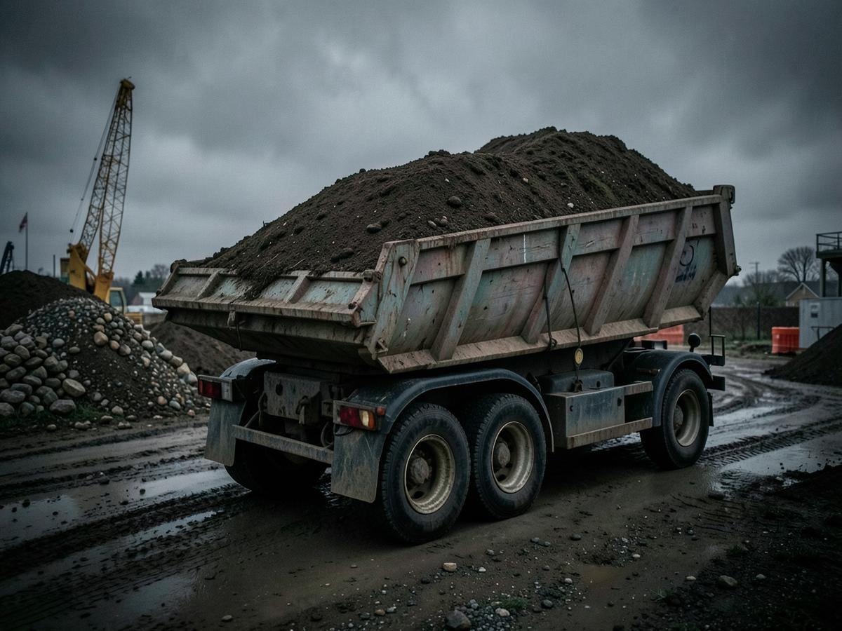 Twin-axle tipping trailer loaded with excavated soil on a construction site