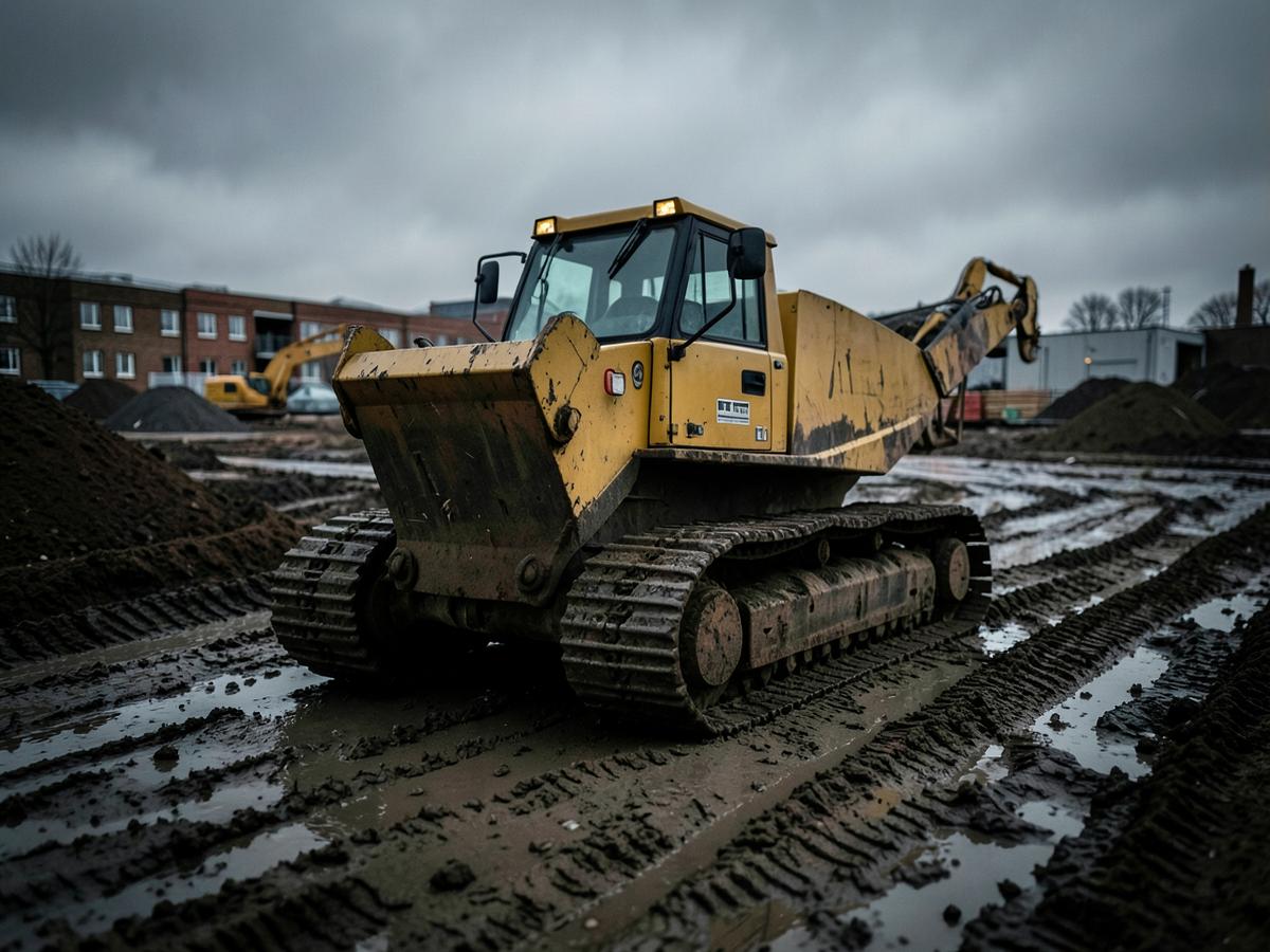 Tracked site dumper standing on churned wet ground at a construction site