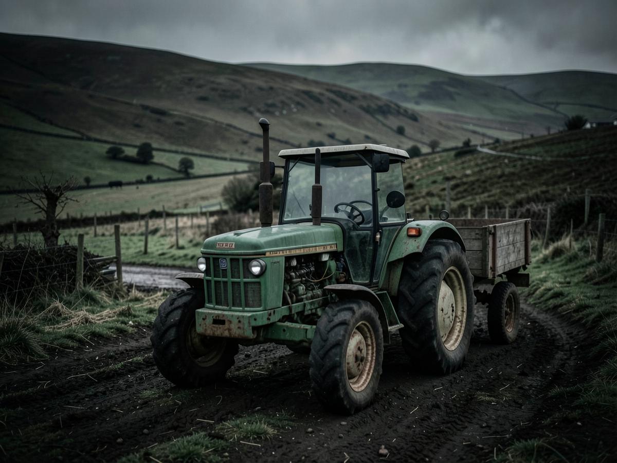 Farm tractor with a trailer on a rural track below Cumbrian fells