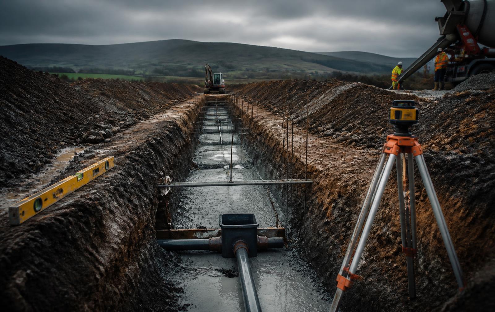 Excavated foundation trench with drainage and concrete on a Cumbrian site