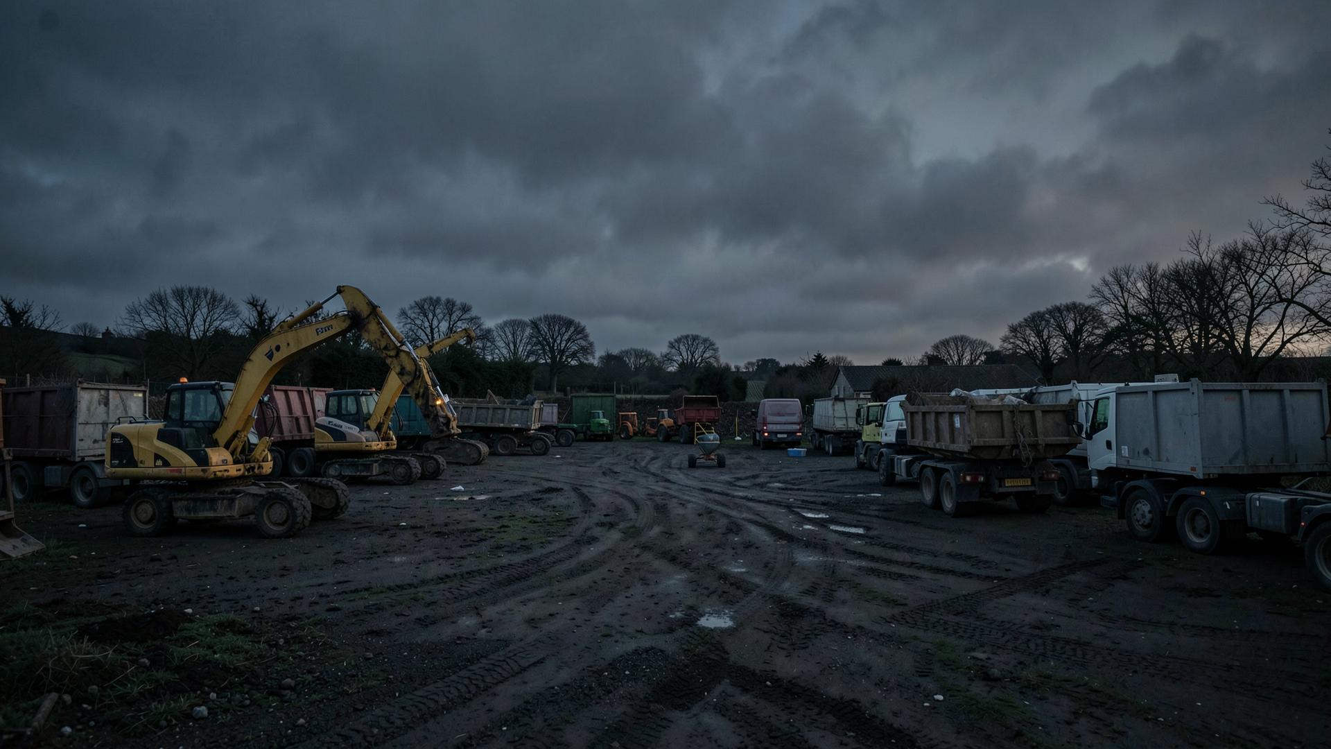 Compact tracked excavator and site dumper standing on a working construction site