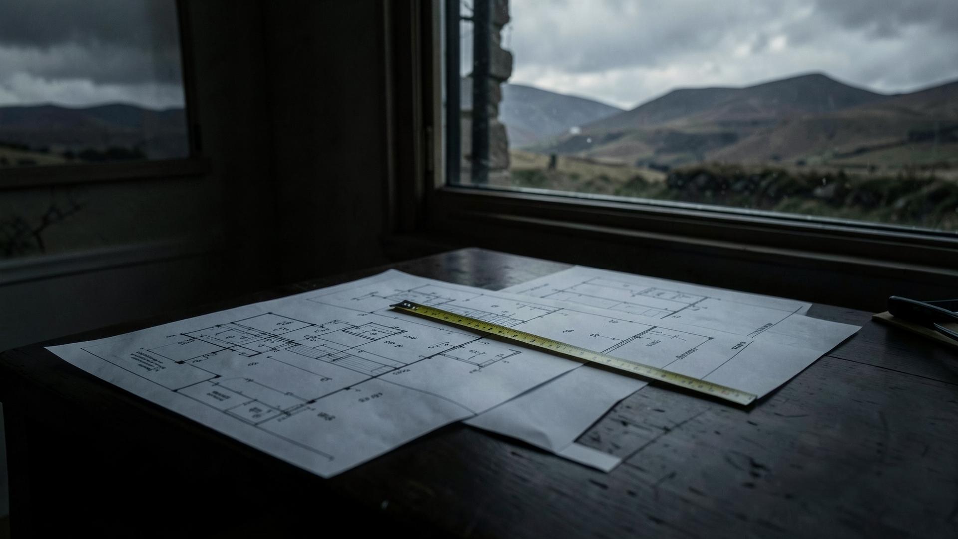Architectural drawings and a scale rule laid out on a workbench