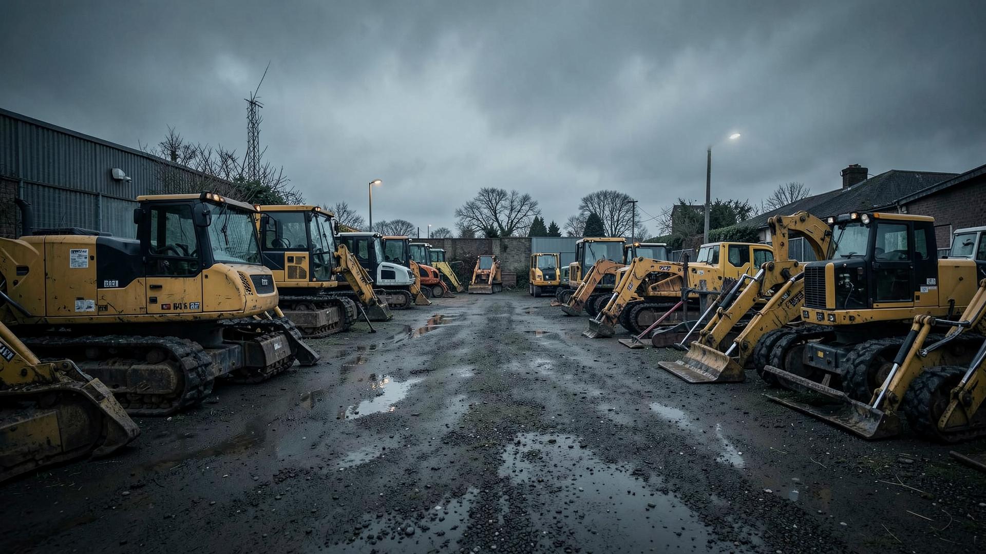 Used compact construction machinery parked in a yard