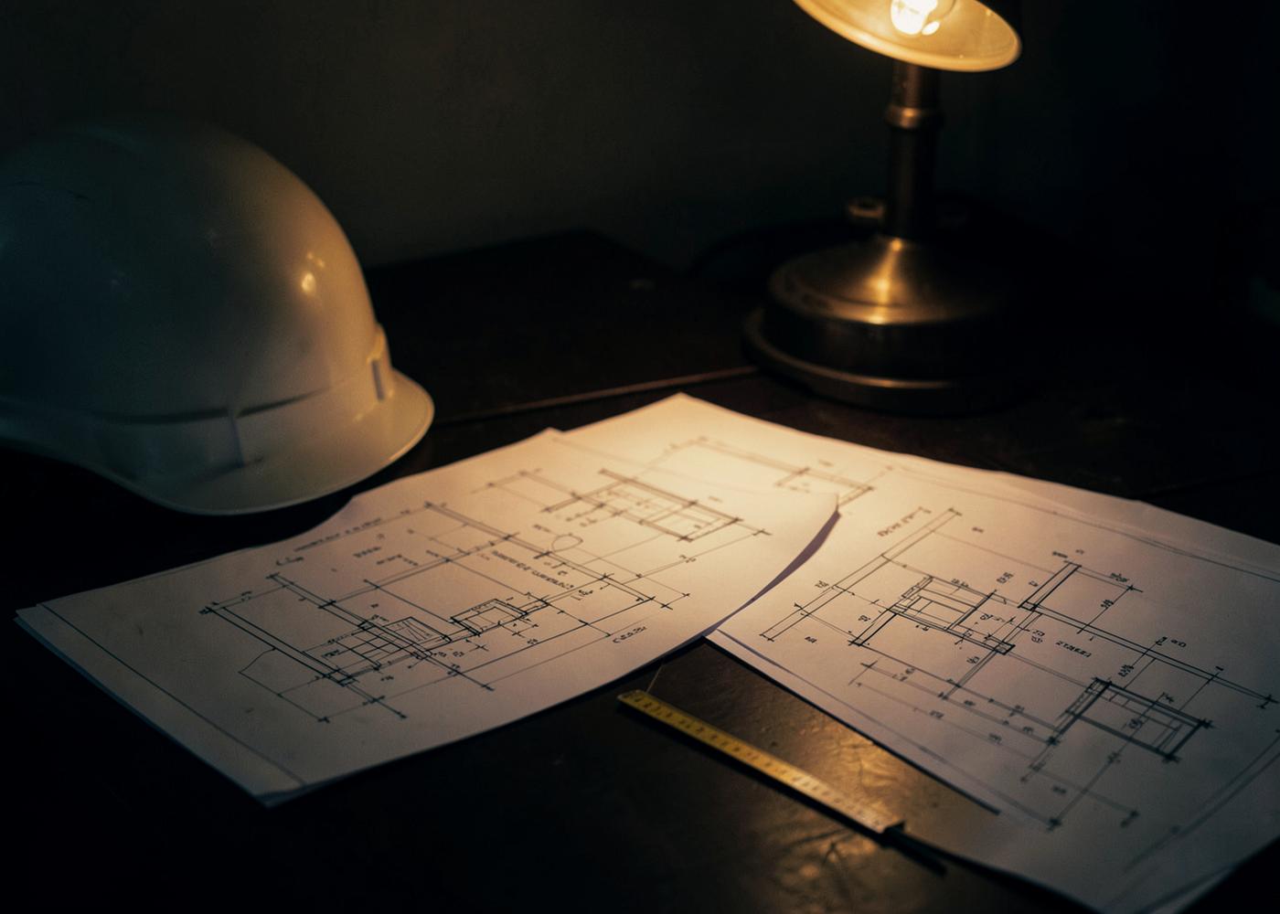 Architectural drawings and a scale rule on a dark desk beside a hard hat