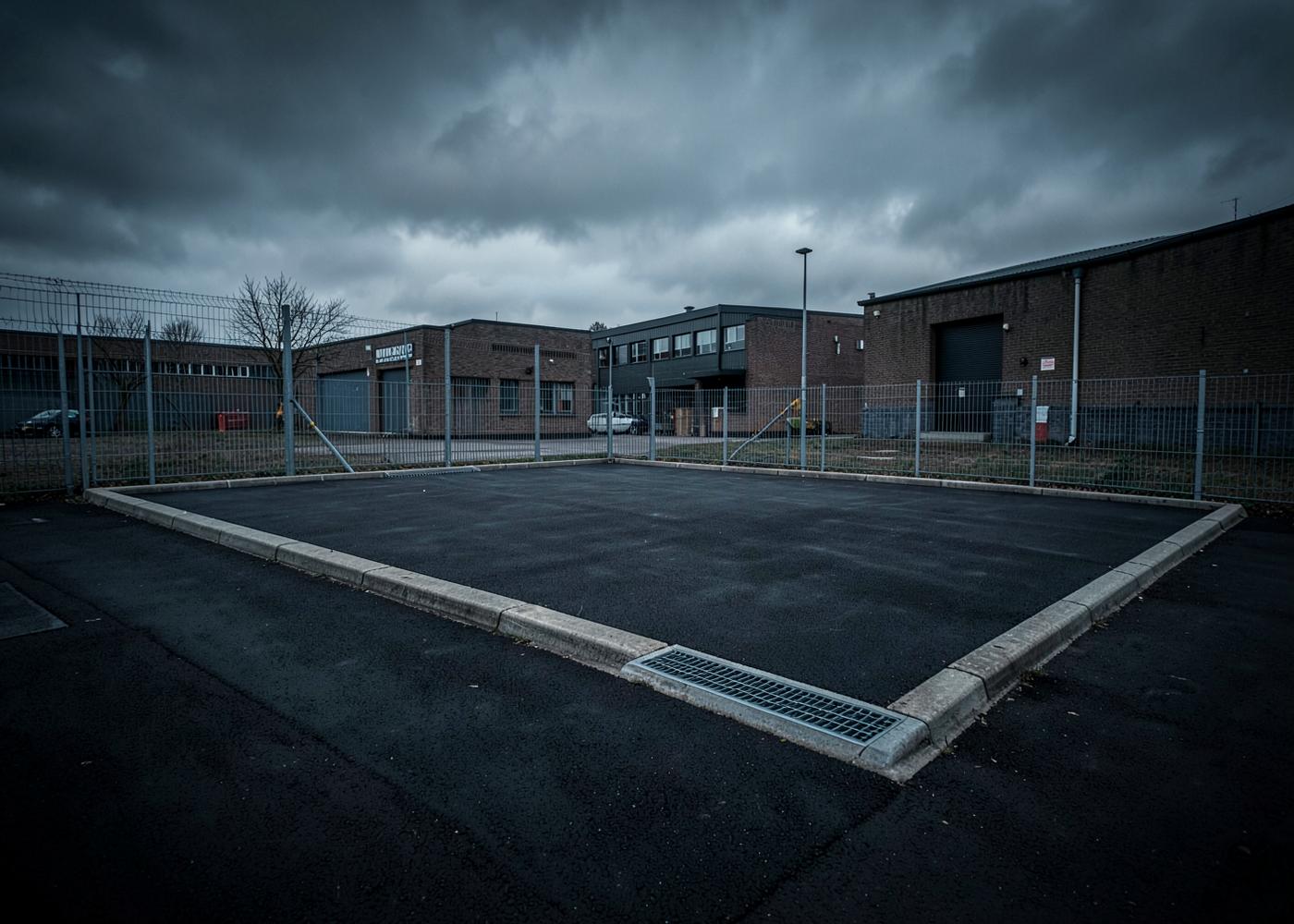 Newly surfaced commercial yard with kerbing and drainage beside industrial units