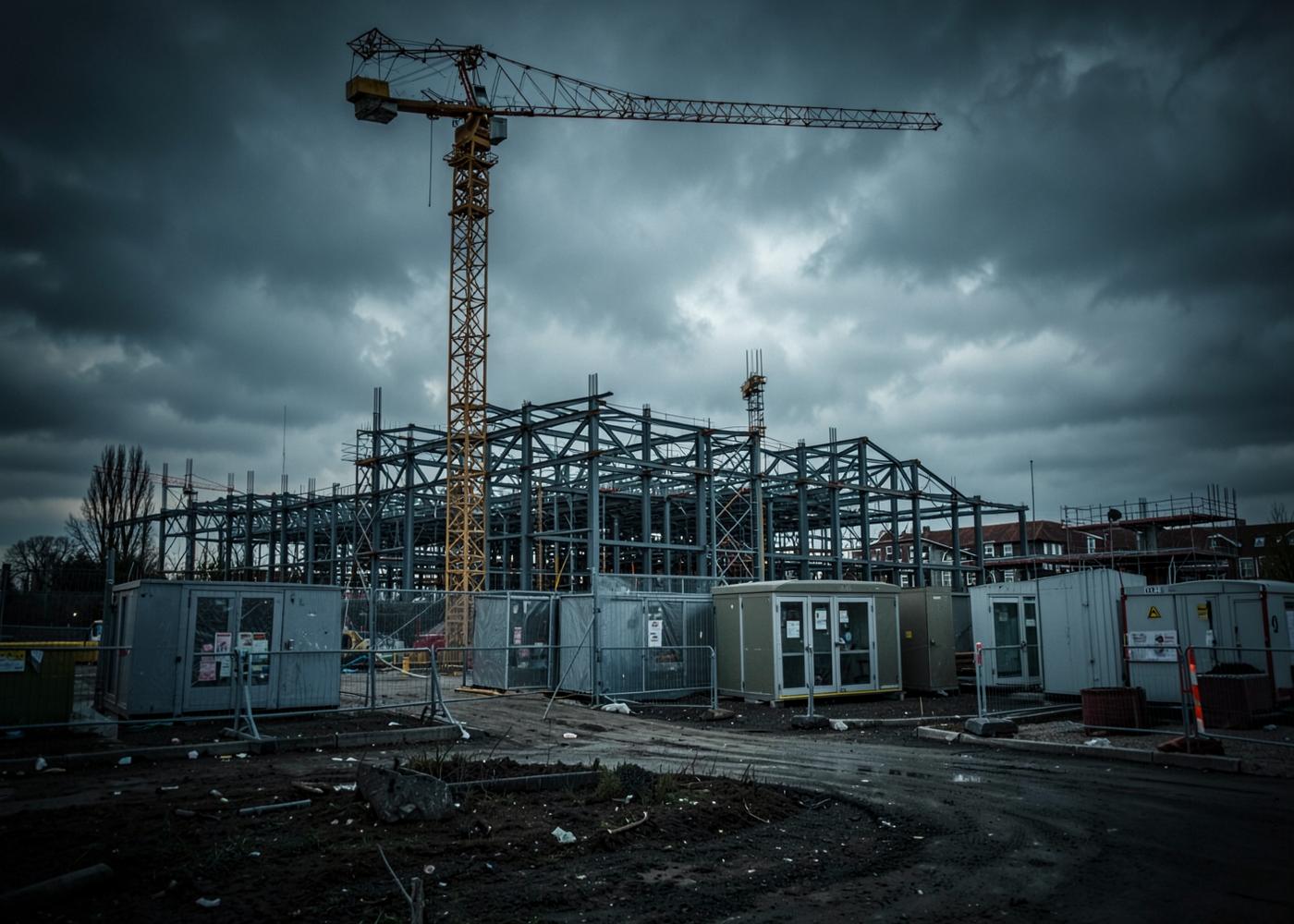 Steel-framed UK construction site with a tower crane and site cabins