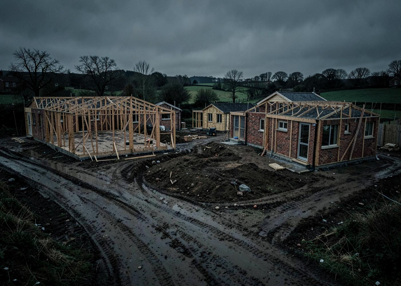 Small UK housing development under construction with groundworks in progress