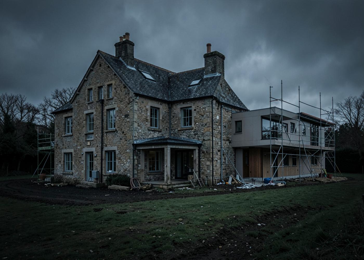 Large detached British stone house with a modern rear extension under construction